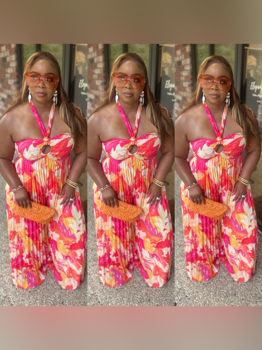 Printed Halter Jumpsuit in Pink & Orange